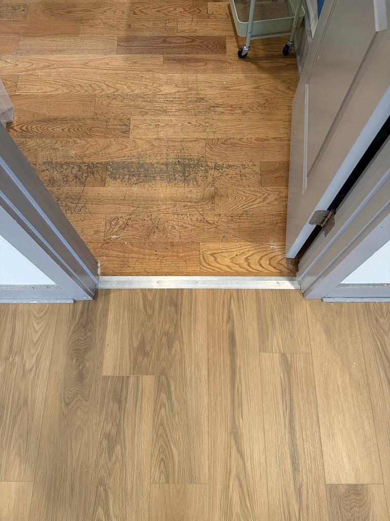 Transition between new vinyl plank and existing floor at doorway